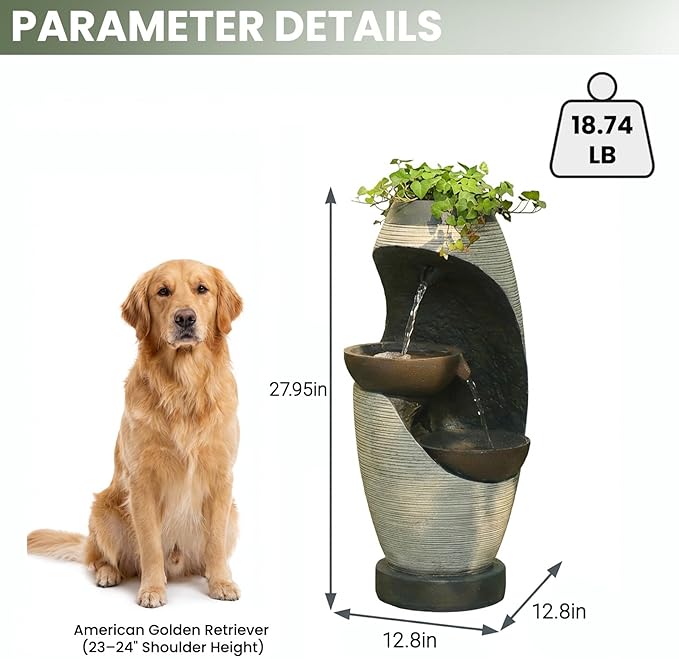 2-Tier Bowl Water Fountain with LED Lights, 27.95" Tall Freestanding Outdoor & Indoor Garden Waterfall Fountain for Yard, Patio, Backyard, Floor Standing Home Decor