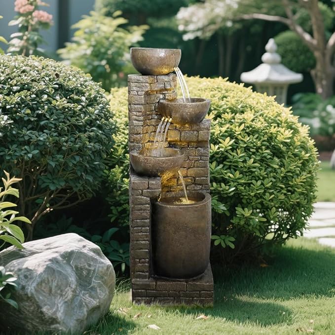 38.2 ''H Cascading Bowls and Stacked Stones with Led Lights Outdoor Water Fountain for Gardens, Landscaping, Balconies, Floor Patio,Backyard and Home Art Decor