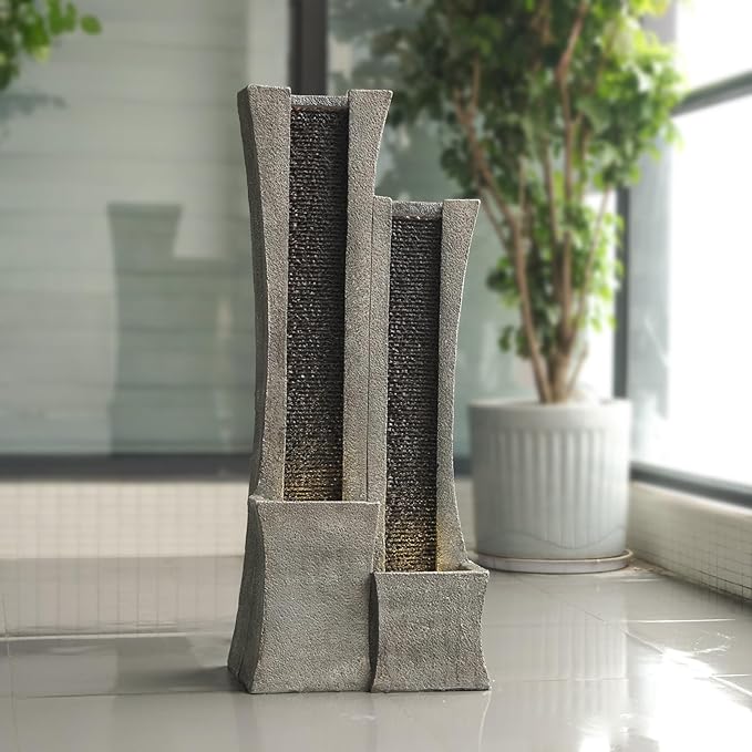 YZM Modern Outdoor Water Fountain Indoor Cascading Floor-Standing Fountains with Led Lights 2-Curved Column Garden Waterfall for Backyard Patio Porch Deck Home 39.76” H