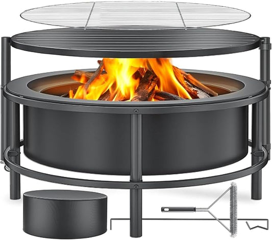 Fire Pits for Outside Wood Burning, Large Outdoor Fire Pit Stove with Roating Table and BBQ Grill, Cold Finished Steel Round Firepit Bowl with Poker, Waterproof Cover, Grill Brush by TMWINGS