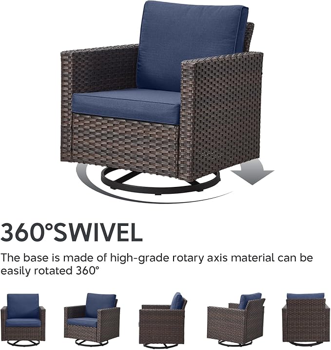 6 Piece Wicker Patio Furniture with Fire Pit Table - Outdoor Conversation Set with 50,000 BTU Fire Pit, All Weather Rattan Patio Set for Deck Backyard Garden - Brown Wicker Blue Cushion