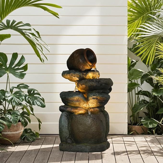 Outdoor Rock Garden Water Fountain for Garden, Patio, Backyard, Deck, Porch and Office, Living Room Home Art Decor, 3 Tiers Natural Cascading Outdoor Fountain with LED Lights 11“x9”x22