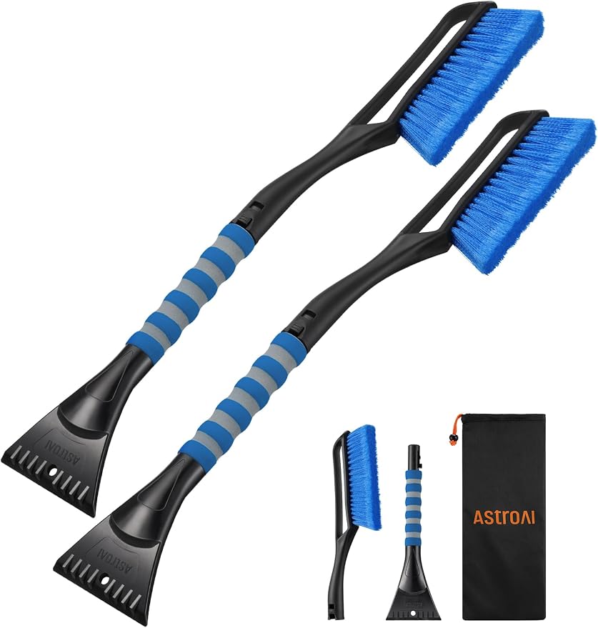 AstroAI 2 Pack 27" Snow Brush and Ice Scrapers for Car Windshield, Detachable Snow Scrapers with Ergonomic Foam Grip for Cars, Trucks, SUVs (Heavy Duty ABS, PVC Brush, Orange) by AstroAI
