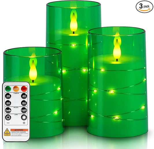 Homemory St. Patrick's Day Flameless Candles with Embedded Star String Fairy Lights, Green Battery Operated Candles, LED Candle, Fake Candles with Remote Control and Timer, Set of 3(H 4" 5" 6?€?)