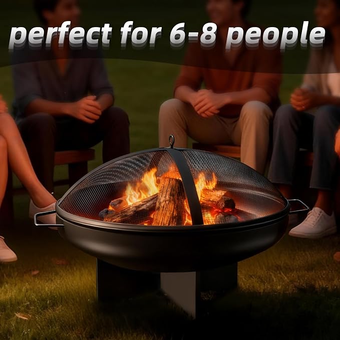 24 Inch Fire Pit for Outside Outdoor Wood Burning Firepit Bowl Heavy Duty Steel Bonfire Pit for Patio Backyard Camping Deck with Spark Screen, Log Grate & Poker - Image 4