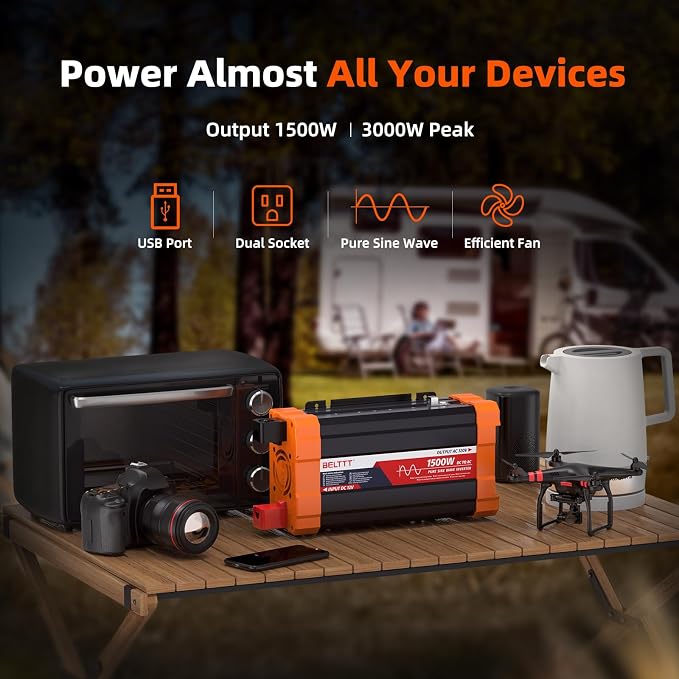 BELTTT 1500W Pure Sine Wave Inverter 12V to 120V AC, Inverter 12V to 110V Converter for Solar, Off-Grid, RV, Truck, Power Inverter with Dual AC Socket, 5V 2.1A USB, Surge 3000W, Smart LCD Display - Image 2