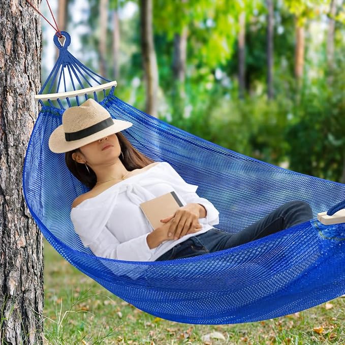 Outdoor Hammock, Super Soft and Breathable Mesh Hammock Made of Cool Nylon with Wooden Bars for Indoor, Balcony, Terrace, Garden, Camping, Backpacking - Image 6