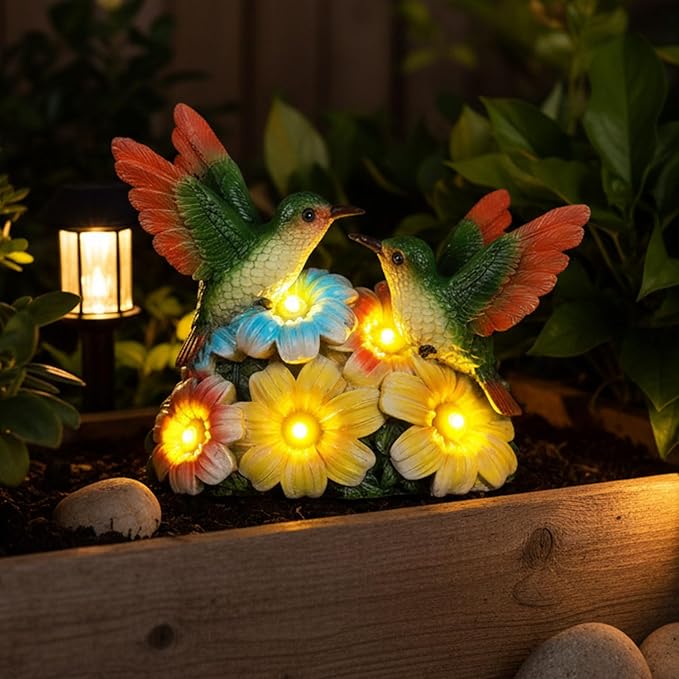 Solar Hummingbird Garden Statues 5.9" Resin Hummingbird Figurine Waterproof Bird Solar Lights Outdoor Yard Patio Decor Lawn Ornaments Unique Housewarming Birthday Gifts for Women Mom Grandma