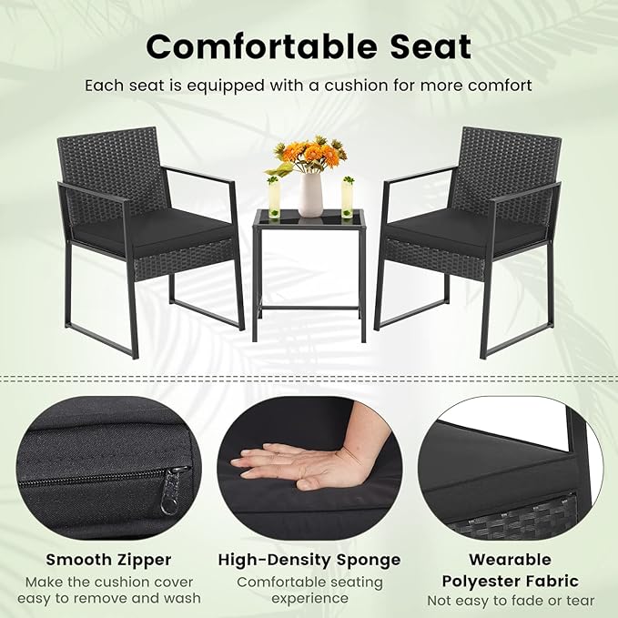 Tangkula 3 Piece Patio Furniture Set, Modern Heavy Duty All Weather Cushioned Wicker Chairs and Coffee Table Set, Suitable for Front Porch, Backyard, Garden, Poolside and Deck (Black)