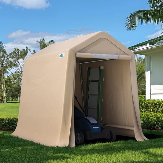 ADVANCE OUTDOOR 6x8 ft Outdoor Portable Storage Shelter Shed with 2 Roll up Zipper Doors & Vents Carport for Motorcycle Waterproof and UV Resistant Portable Garage Kit Tent, Beige by ADVANCEOUTDOOR