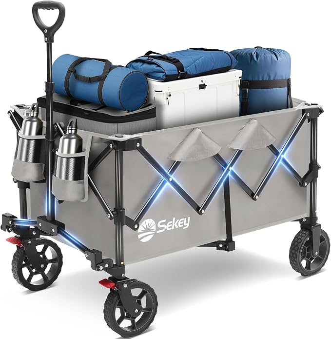 Sekey Collapsible Foldable Wagon with 330lbs Weight Capacity, Heavy Duty Folding Wagon Cart with Big All-Terrain Wheels & Drink Holders. Gray by Sekey