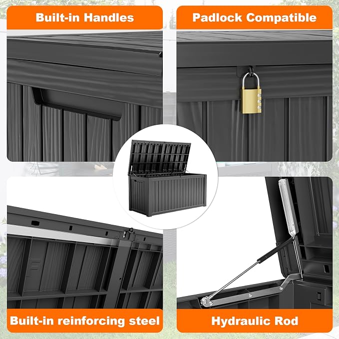 PatioZen 180 Gallon Resin Deck Box, Lockable Patio Outdoor Storage Box for Furniture, Garden Tools and Tools Storage, Waterproof Outside Storage Boxes - Black - Image 2