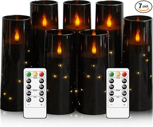 Flameless Candles with Embedded Star String, Battery Operated LED Pillar Candles with Timer and Remote Control,Home Decorating for Ambiance， Set of 7(Black)
