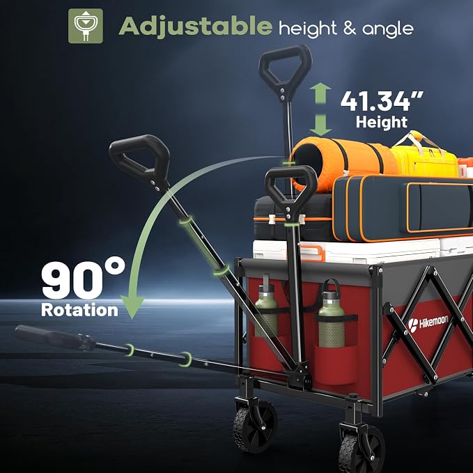 Hikemoon 34'' Extra Long Collapsible Wagons Carts Foldable, 360LBS Heavy Duty Folding Beach Wagon with Wheels, Portable Utility Outdoor Cart for Grocery, Garden, Sports, Camping, Red & Grey - Image 9