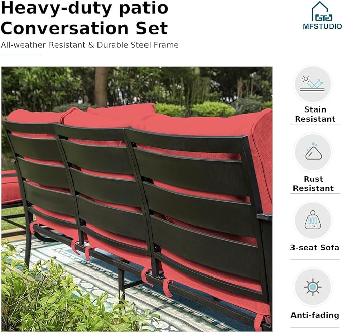 MFSTUDIO 5 Pieces Patio Conversation Sets, Metal Outdoor Furniture Sofas with 1 x 3-Seat Sofa, 2 x Rocking Chairs, 2 x Ottomans, Steel Frame with Burgundy Red Cushion for Patio Garden