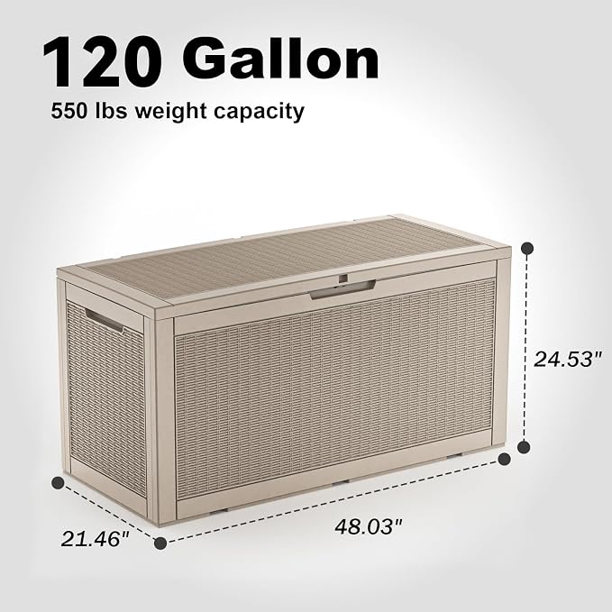 PatioZen 120 Gallon Resin Deck Box, Lockable Patio Outdoor Storage Box for Furniture, Garden Tools and Tools Storage, Waterproof Outside Storage Boxes - Grey - Image 7