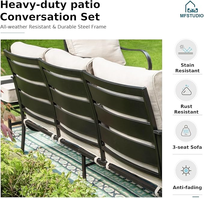 MFSTUDIO 4 Pieces Patio Conversation Sets(5 Seat),Outdoor Metal Furniture Sofas with 1 Loveseat(3 Seat), 2 Swivel Chairs,1 Coffee Table,Wrought Iron with Beige Cushion for Patio Courtyard Balcony