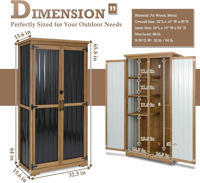 Outdoor Storage Cabinet Waterproof with Shelves, Small Storage Shed, Vertical Tall Patio Backyard Garden Storage Cabinet Tool Organizer for Outside - Image 2
