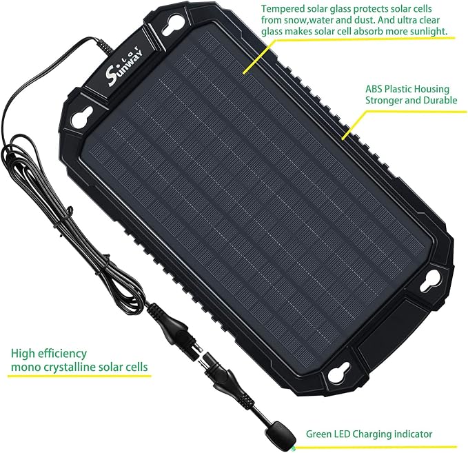 Sunway Solar Car Battery Trickle Charger & Maintainer 12Volt 8W Solar Panel Power Charger kit Portable Waterproof for Automotive RV Marine Boat Truck Motorcycle Trailer Tractor Powersports Snowmobile - Image 2
