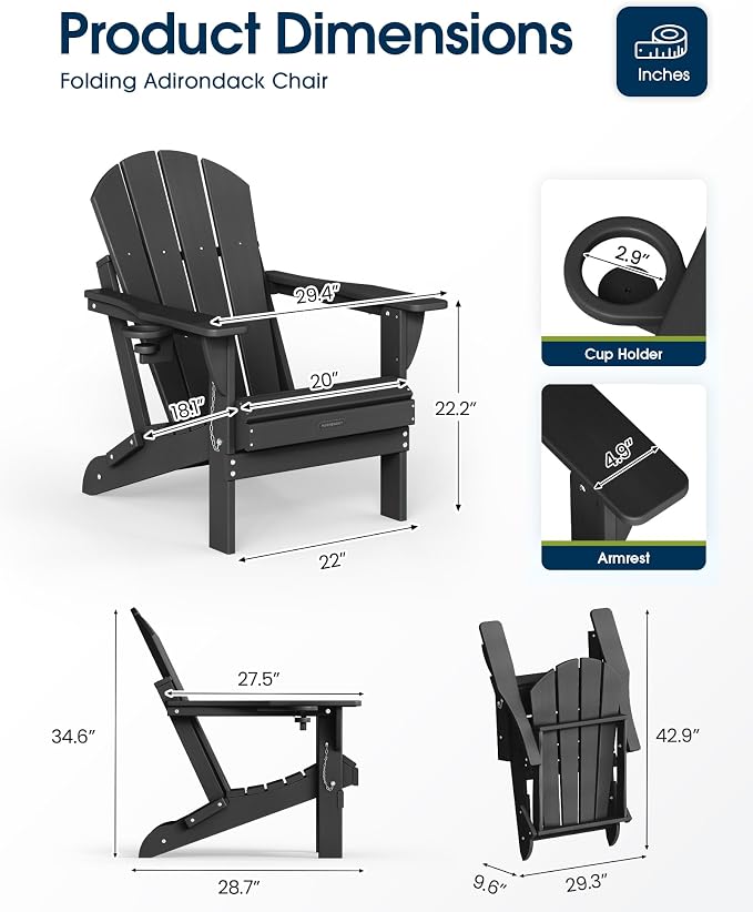 MUCHENGHY Folding Adirondack Chairs 6 Pack, Patio Chairs, Fire Pit Chairs, Outdoor Chairs, Plastic Adirondack Chairs, Lawn Chairs Weather Resistant with Cup Holder for Deck, Backyard, Garden(Black) - Image 3