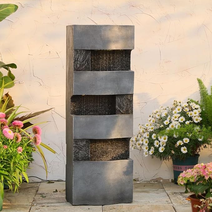 40.5" H Indoor Outdoor Modern Water Fountain with Lights and Pump, Tall 4-Tier Outdoor Freestanding Cascading Waterfall Fountain for Garden, Porch, Yard, Landscape, Indoor Décor, Grey