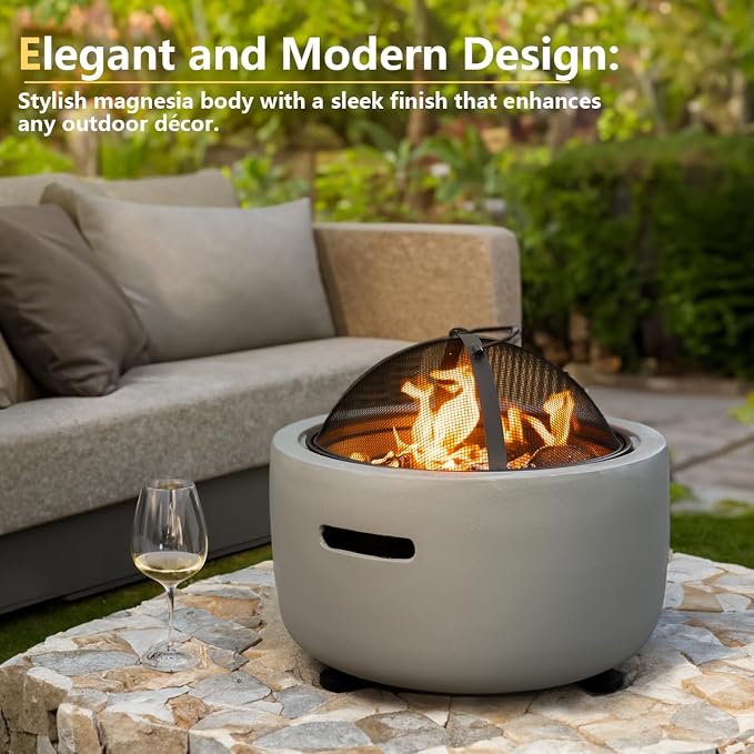 Barton 18" Round Concrete Charcoal Wood Burning Fire Pit, Magnesium Oxide Spark Screen, Fireplace Poker, Grate, BBQ Grill Firepit Charcoal Grill - Image 3