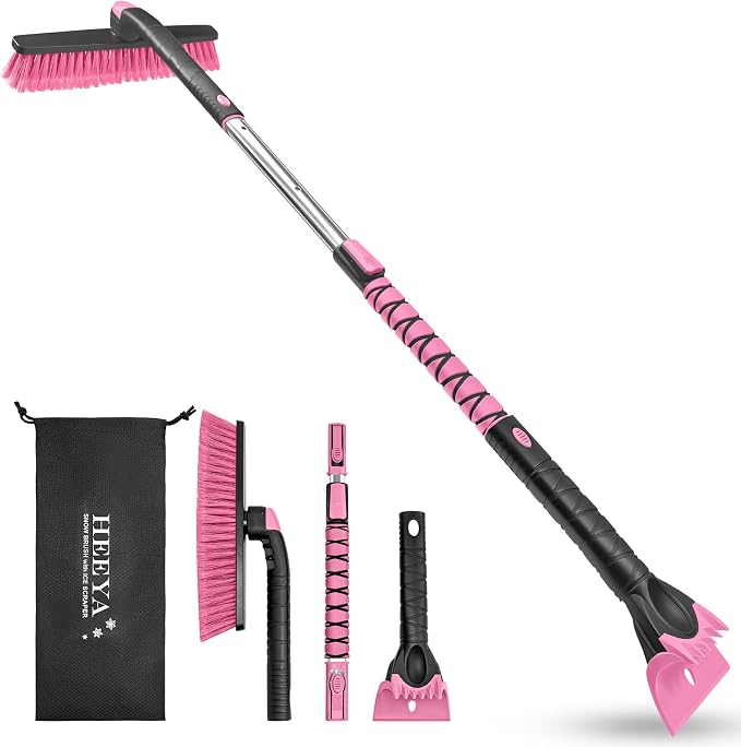 HEEYA 48 Inch Long Snow Brush for SUV, Extendable Ice Scraper and Brush with Foam Grip, 360° Pivoting Snow Car Brush for Truck Auto Jeep RV Vehicle Windshield Window - Pink by HEEYA