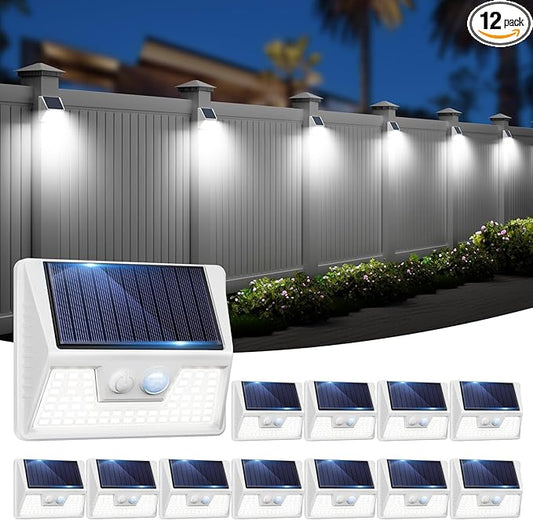 12Pack White Solar Lights Outdoor Motion Sensor, 6000K Cool Light/3 Lighting Modes, IP65 Waterproof Solar Powered Wall Lights Outside for Garden Fence Backyard Deck Driveway