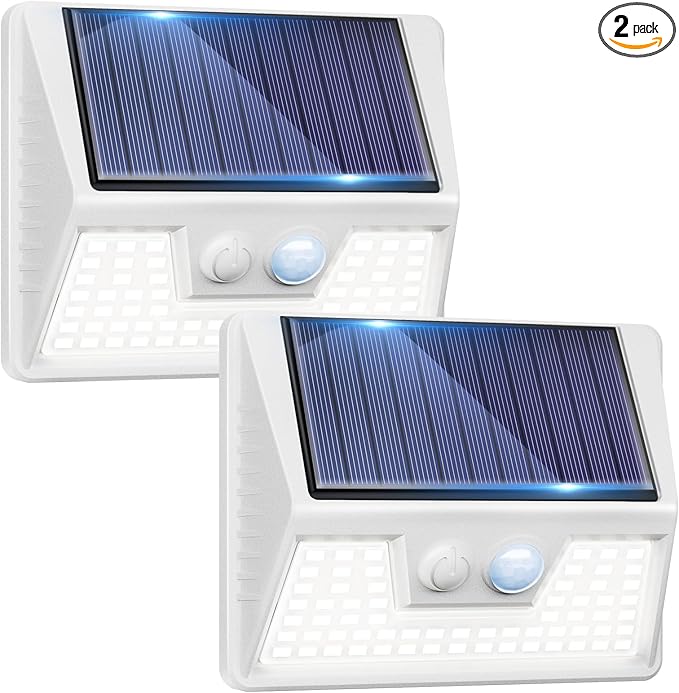 2 Pack Solar Motion Lights Outdoor, Waterproof Fence Lights Solar Powered with 3 Lighting Mode, Cold White LED Step Light for Outside Wall Yard Deck Stairs Garden - White
