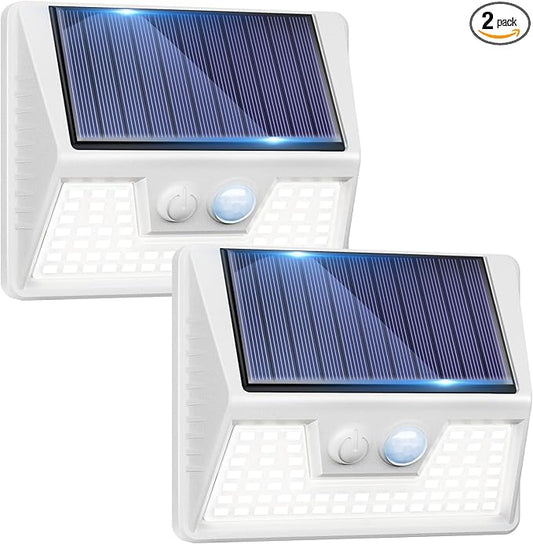 2 Pack Solar Motion Lights Outdoor, Waterproof Fence Lights Solar Powered with 3 Lighting Mode, Cold White LED Step Light for Outside Wall Yard Deck Stairs Garden - White