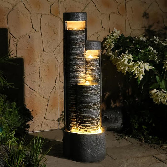 39.76" Tall Indoor Outdoor Water Fountain Modern Water Feature Stone-Textured Cascading Floor-Standing Fountains with Led Lights for Garden, Patio, Balcony, Yard, Office Home Art Decor