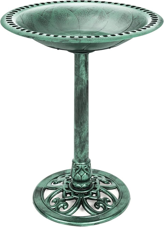 Best Choice Products 28in Pedestal Bird Bath, Vintage Outdoor Resin Accent Decoration w/Fleur-de-Lis Accents - Mint Green