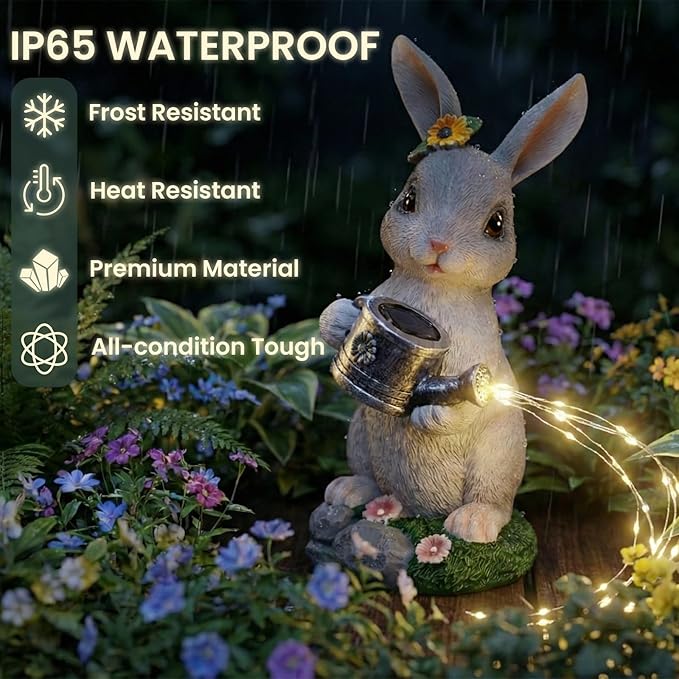 Solar Rabbit Garden Statues Outdoor Decor, Resin Rabbit Figurine Decorations with Solar Light, Whimsical Bunny Sculpture for Patio, Balcony, Yard, Lawn Ornament, Perfect Garden Gift