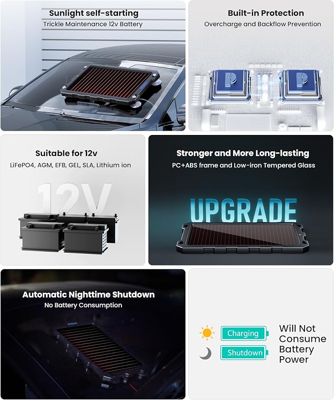 POWOXI 3.3W-Solar-Battery-Trickle-Charger-Maintainer -12V Portable Waterproof Solar Panel Trickle Charging Kit for Car, Automotive, Motorcycle, Boat, Marine, RV, Trailer, Powersports, Snowmobile, etc. - Image 3