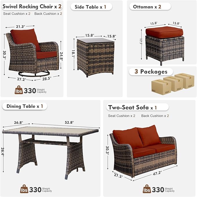 MEISSALIVVE 7 Pieces Outdoor Patio Furniture Set with Swivel Chairs, Wicker Patio Conversation Set, Patio Sectional Furniture Set with with Loveseat, 2 Ottomans and Dining Table (Red)