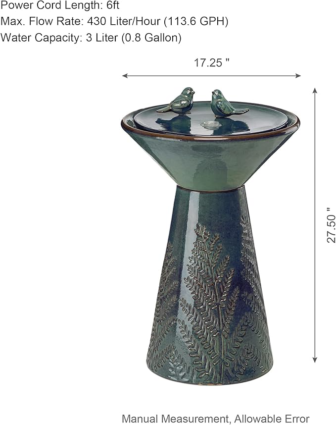 Glitzhome 27.5" H Ceramic Garden Water Fountain with LED Light and Pump Bird Bath Fountain Outdoor Turquoise Embossed Pattern Pedestal Freestanding Water Fountain for Yard Floor Patio Backyard
