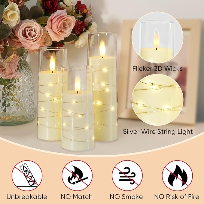 Raycare Flameless Candle with Remote Timer – 9 Flickering Acrylic Battery Operated LED Pillar Candles with Embedded Star String for Valentine's Day, Home Decor, and as a Gift (Ivory)