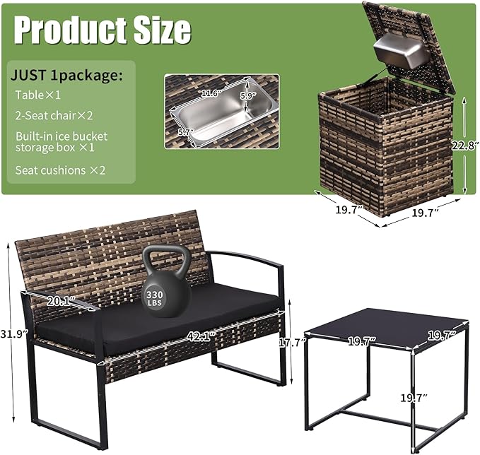 FHFO 4 Piece Outdoor Patio Furniture Set with Built-in Beverage Cooler Storage Box, Wicker Conversation Sets Patio Outdoor Loveseats & Coffee Table for Outside, Garden, Balcony, Porch, Yellow/Black