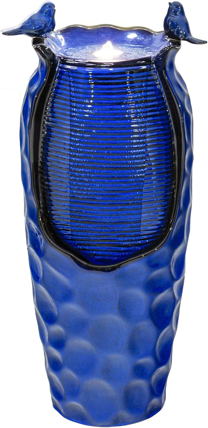 32.5" H Ceramic Jar Outdoor Fountain, Honeycomb Pot Water Feature with LED Lights, Soothing Trickling Waterfall for Garden, Patio, Yard, Balcony Oasis, KD Vivid Birds, Cobalt Blue Glaze
