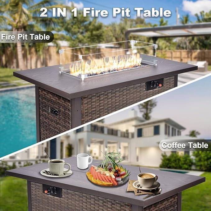 Grezone 15 Piece Patio Furniture Set with 44" Fire Pit Table, Outdoor Sectional Couch, PE Rattan Patio Conversation Sets with 4inch Cushions for Backyard Beige