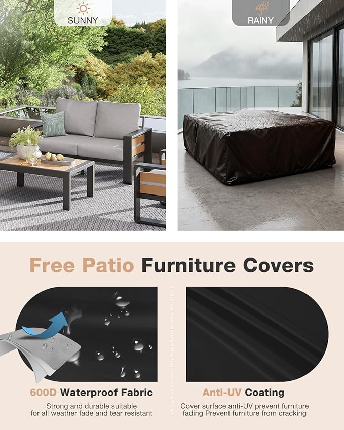Aoxun Aluminum Patio Furniture Set, 4 Piece Luxury Outdoor Sectional with 6" Olefin Fabric Cushions, Patio Conversation Sets with Coffee Table and Waterproof Cover for Backyard, Porch Light Grey