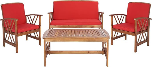SAFAVIEH Outdoor Collection Fontana Natural/Red Cushion 4-Piece Conversation Patio Set