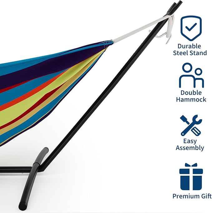 Double Hammock with Steel Stand - 2 Person Hammock Bed Indoor Outdoor, Brazilian-Style, with Carry Bag, 450lb Capacity, Portable & Easy Assembly, Tropical - Image 4