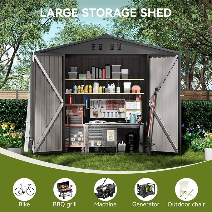 COMHOMA Shed Outdoor Storage Shed Metal,Lockable Doors Tool Sheds with Sloping Roof,Steel Garden Shed with Air Vent for Backyard,Patio,Lawn,Poolside(Grey,6'x4') - Image 3