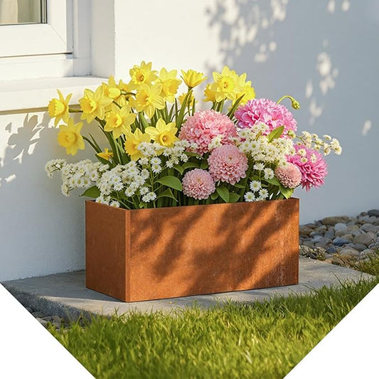 Co rten Steel Planters - 25x11x13H Inch, Rectangular Planter for Patio, Garden, Porch - Brown