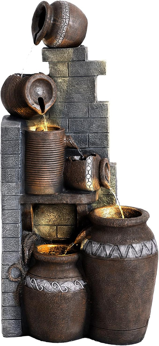 Grepatio Outdoor Water Fountain, Garden Waterfalls Fountains with LED Lights, 6 Tier Modern Indoor/Outdoor Floor Standing Water Fountain for Garden, Patio (10.6"(L) x 14.6"(W) x 31.5"(H))