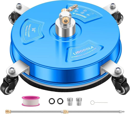 14" Pressure Washer Surface Cleaner with 4 Wheels - Coated Blue Stainless Steel Surface Cleaner for Pressure Washer Attachment for Concrete, Driveway, Patio, Sidewalk, Deck and Driveways - PWS14B by LidoDola