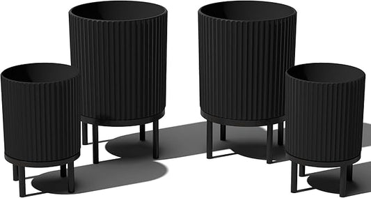 Veradek Demi Series Round Planter w/Stand for Porch/Patio | Durable Plastic-Stone Composite & Wooden Stand | Modern Décor for Tall Plants, Flowers