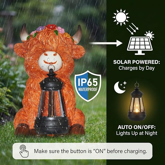 Garden Statues Highland Cow with Solar Lantern, Outdoor Highland Cow Figurines Decorations for Patio Yard Lawn Ornaments, Gifts for Mom/Grandma Birthday Housewarming