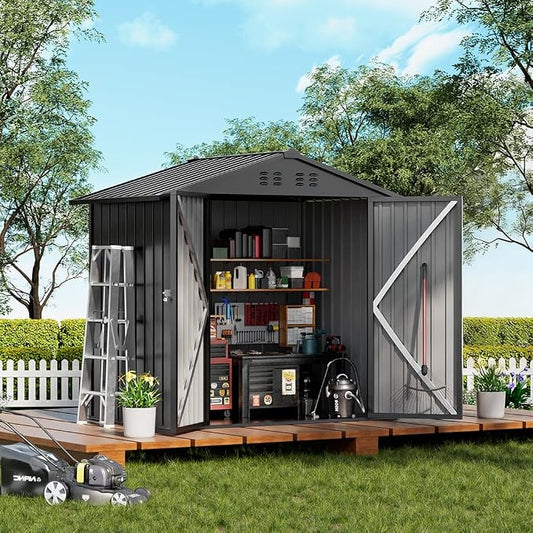 COMHOMA Shed Outdoor Storage Shed Metal,Lockable Doors Tool Sheds with Sloping Roof,Steel Garden Shed with Air Vent for Backyard,Patio,Lawn,Poolside(Grey,6'x4') by ComHoma